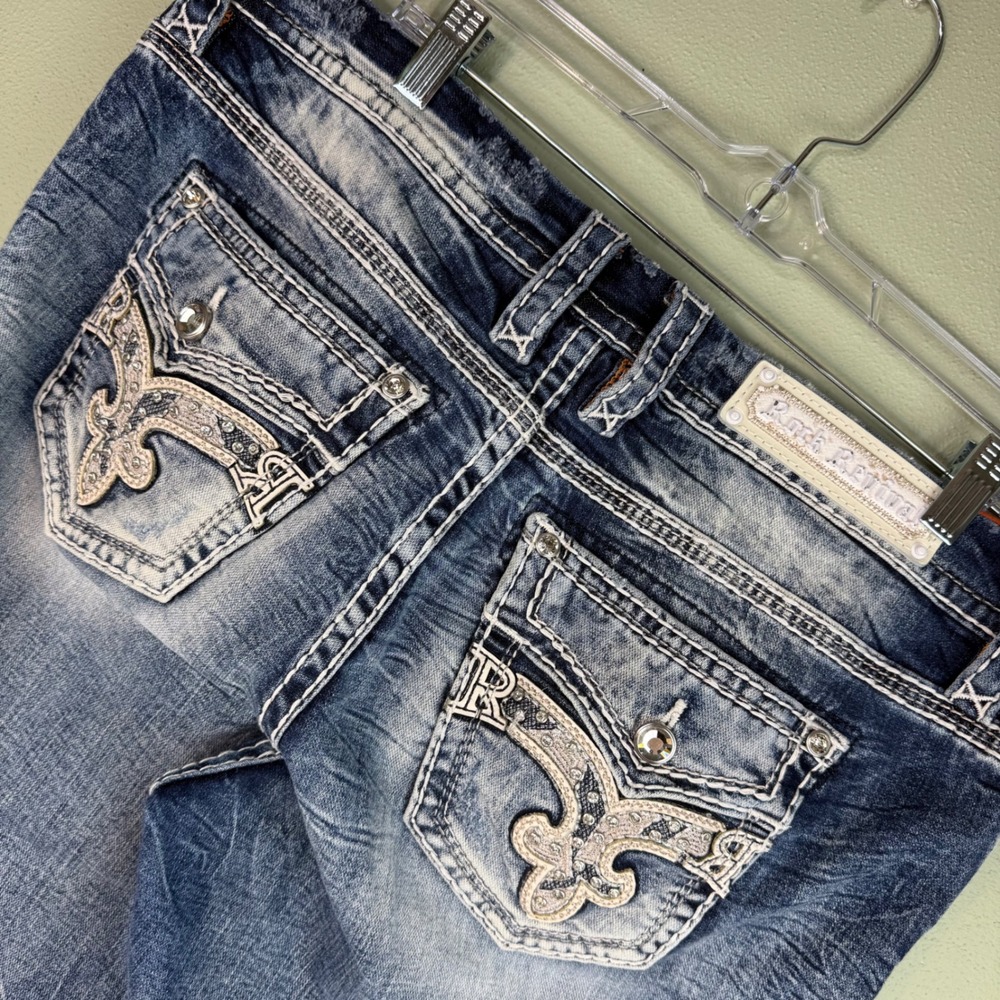Rock Revival Distressed Mid-Blue Cropped Jeans with Embellished Pockets - Picture 3 of 11